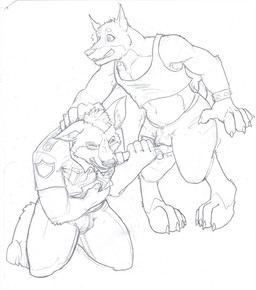anthro armpit_hair badge ballbusting body_hair bottomwear bracelet bulge clothing club_(weapon) cock_and_ball_torture duo fight genital_torture humanoid_pointy_ears jewelry kneeling male male/male melee_weapon nightstick one_eye_closed pain pants pockets pointy_ears police police_officer police_uniform shirt simple_background studded_bracelet studded_jewelry studs topwear uniform weapon wounded gulpers canid canine canis domestic_dog mammal sketch
