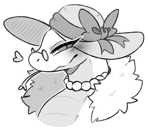 anthro clothing eye_through_hat eyewear female female_anthro forked_tongue front_view gem glasses hat headgear headwear heart_symbol jewelry mouth_closed necklace pearl_(gem) pearl_necklace round_glasses simple_background solo sun_hat three-quarter_view tongue tongue_out wearing_glasses white_background anotherbearsimp reptile scalie snake 2026 bust_portrait digital_drawing_(artwork) digital_media_(artwork) monochrome portrait sketch