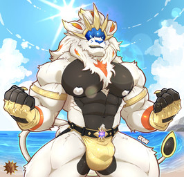 abs action_pose anthro anthrofied areola barazoku biceps big_bulge big_muscles big_pecs biped blue_body blue_eyes blue_skin bottomwear bulge clothed clothing deltoids detailed_background detailed_bulge fingerless_gloves fist front_view gloves grin handwear humanoid_hands jockstrap male male_anthro mega_stone monotone_clothing monotone_gloves monotone_handwear multicolored_body multicolored_jockstrap muscular muscular_anthro muscular_arms muscular_male muscular_thighs navel nipple_dip nipples obliques outside pecs piercing pose quads sea seaside serratus sky smile solo sparkles sparkling_clothing sparkling_underwear standing stocky swimming_in_underwear swimwear topless trapezius triceps underwear water wet wet_body white_nipples yellow_clothing yellow_jockstrap yellow_underwear uobih nintendo pokemon fan_character felid generation_7_pokemon legendary_pokemon lion mammal pantherine pokemon_(species) solgaleo 2026 character_request digital_drawing_(artwork) digital_media_(artwork) hi_res