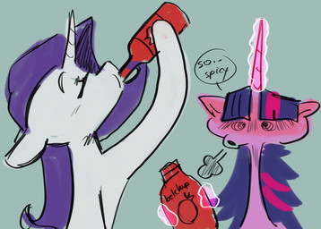 blush drinking duo eyes_closed female feral food horn hot_sauce ketchup magic simple_background steam telekinesis maxiima friendship_is_magic hasbro my_little_pony mythology rarity_(mlp) twilight_sparkle_(mlp) equid equine mammal mythological_creature mythological_equine unicorn absurd_res hi_res
