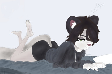 5_toes adolescent adolescent_anthro anthro barefoot bed big_butt black_bottomwear black_claws black_clothing black_ears black_eyebrows black_hair black_shorts bottomwear butt calves_up claws closed_smile clothed clothed_anthro clothed_female clothing countershade_face countershade_feet countershade_fur countershade_neck countershading eyebrows feet female female_adolescent female_anthro finger_claws fully_clothed fully_clothed_anthro fully_clothed_female fur furniture green_eyes grey_body grey_clothing grey_fur grey_hoodie grey_text grey_topwear hair hair_over_eye half-closed_eyes hoodie humanoid_feet humanoid_hands inner_ear_fluff long_tail looking_at_viewer lying lying_on_bed monotone_bottomwear monotone_clothing monotone_hair monotone_hoodie monotone_shorts monotone_topwear mouth_closed multicolored_body multicolored_fur narrowed_eyes no_pupils on_bed on_front one_eye_obstructed plantigrade pose purple_inner_ear purple_nose shorts simple_background slim slim_anthro slim_female smile smiling_at_viewer smirk smirking_at_viewer soles solo stated_age stated_young tail text the_pose thick_thighs three-quarter_view toe_claws toes topwear tuft white_background white_body white_countershading white_fur white_inner_ear_fluff white_sclera white_tuft young young_anthro young_female b0redd mammal species_request artist_name english_description english_text full-length_portrait portrait signature