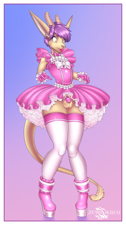 amber_eyes anthro balls border chastity_cage chastity_device clothed clothing costume crossdressing dress femboy feminization footwear genitals gloves hair handwear high_heels horn latex latex_clothing latex_dress latex_gloves latex_handwear legwear lips lipstick lock long_ears maid_uniform makeup male padlock petticoat pink_chastity_cage pink_clothing pink_dress pink_footwear pink_gloves pink_handwear pink_high_heels pink_latex pink_lips pink_lipstick pink_stockings pose purple_hair shoes slave solid_chastity_cage solo stockings thigh_highs uniform wearing_chastity_cage wearing_chastity_device white_border zerofenrir hazor_(ryanthetyron) demon 9:16 hi_res pinup