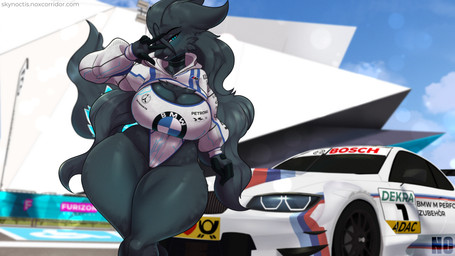 anthro big_breasts bodysuit breasts camel_toe car clothed clothing curvy_figure female gesture hand_gesture huge_breasts outside race_queen skinsuit solo text thick_thighs tight_clothing v_sign vehicle voluptuous voluptuous_anthro voluptuous_female skylosminkan bmw nintendo pokemon generation_5_pokemon legendary_pokemon pokemon_(species) reshiram 16:9 4k absurd_res hi_res url widescreen