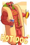 abs anthro balls biceps erection eyewear eyewear_only food fur genitals hot_dog hot_dog_bun hot_dog_costume humanoid_genitalia humanoid_penis humor ketchup lettuce male muscular muscular_anthro muscular_male mustard nipples nude pecs penis plant red_body red_fur solo sunglasses sunglasses_only vegetable furtissier canid canine canis domestic_dog mammal hi_res