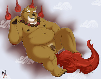 4_toes anthro balls ear_piercing ear_ring feet flaccid floating foreskin genitals humanoid_genitalia humanoid_penis jewelry male necklace nipples open_mouth open_smile overweight overweight_anthro overweight_male pawpads penis piercing plantigrade_pawpads pubes ring_piercing sitting small_penis smile solo tail teeth toes tongue kronexfire summoners_war kumar_(summoners_war) beast_monk canid canine canis domestic_dog mammal monster summon 2017