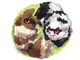 black_body black_fur brown_body brown_eyes brown_fur duo facial_markings fangs feral fluffy fluffy_tail fur head_markings looking_at_viewer markings mask_(marking) outside red_eyes tail teeth tongue tongue_out white_body white_fur tooboe_huusuke nintendo pokemon galarian_form galarian_zigzagoon generation_3_pokemon generation_8_pokemon pokemon_(species) regional_form_(pokemon) zigzagoon 2019