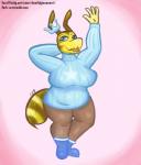 anthro belly breasts female non-mammal_breasts overweight overweight_anthro overweight_female simple_background solo text deathlyinnocent queeni_(deathlyinnocent) arthropod bee hymenopteran insect hi_res url