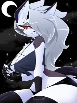 anthro bottomwear breasts cleavage clothed clothing collar crescent_moon eyebrow_piercing eyebrows facial_piercing fangs female fur grey_body grey_fur hair hotpants legwear moon piercing red_sclera shorts solo spiked_collar spikes star teeth thigh_highs white_body white_eyes white_fur white_hair xan-gelx hellaverse helluva_boss mythology loona_(helluva_boss) canid canid_demon canine demon hellhound mammal mythological_canine mythological_creature hi_res