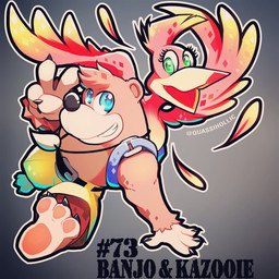 anthro backpack barefoot beak blue_eyes brown_body brown_fur claws clothing duo feathered_wings feathers feet female fur gesture green_eyes hand_gesture male open_mouth simple_background smile teeth text v_sign wings quas-quas banjo-kazooie rareware banjo_(banjo-kazooie) kazooie avian bear bird breegull mammal 1:1 2019 english_text hi_res signature