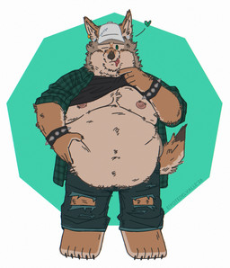 anthro belly belly_grab belly_overhang big_belly bottomwear bracelet chubby_cheeks claws clothed clothing clothing_lift denim denim_bottomwear denim_clothing double_chin ear_piercing ear_ring flannel gold_piercing green_eyes green_heart hat headgear headwear heart_symbol jeans jewelry male moobs navel nipples one_eye_closed overweight overweight_male pants piercing presenting_belly ring_piercing shirt shirt_lift simple_background solo spiked_bracelet spikes tail tongue tongue_out topwear torn_bottomwear torn_clothing torn_jeans torn_pants wink mattinqq matt_(mattinqq) canid canine canis coyote mammal absurd_res hi_res