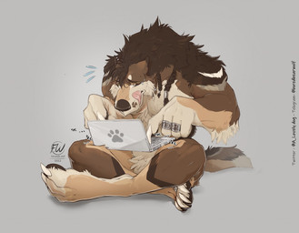 5_fingers accessory amber_eyes anthro arm_tuft bodily_fluids braided_hair brown_body brown_fur brown_pawpads claws clumsy computer countershade_face countershade_fur countershade_torso countershading crosslegged_pose digit_ring digitigrade ear_piercing ear_ring elbow_tuft electronics feet finger_claws finger_ring fingers fur furrowed_eyebrows grey_background hair hair_accessory hair_ring jewelry laptop laptop_on_lap licking licking_lips looking_at_computer looking_at_laptop looking_at_object male metal_ring muscular muscular_anthro muscular_male nude_anthro nude_male onomatopoeia pawpads piercing ring ring_piercing self_lick simple_background sitting solo sound_effects sweat sweatdrop tail tan_body tan_fur text tied_hair toe_claws toe_ring toes tongue tongue_out tuft typing white_sclera worried a_lovelydog tazrir canid canine canis mammal wolf 2022 artist_name dated digital_drawing_(artwork) digital_media_(artwork) full-length_portrait portrait