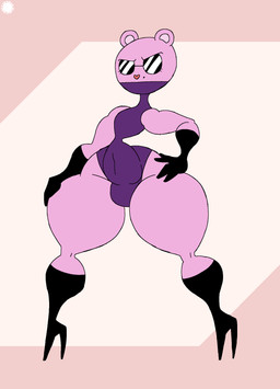 anthro armwear boots bulge clothing covered_mouth curvy_figure elbow_gloves eyelashes eyewear femboy footwear fur geometric_background gloves hand_on_hip handwear heart_nose heart_symbol high_heeled_boots high_heels knee_boots knee_highs legwear leotard logo male markings mole_(marking) navel_outline pink_body pink_fur shoes simple_background small_waist solo sunglasses text thick_thighs wide_hips thatdawgmurray happy_tree_friends the_mole_(htf) eulipotyphlan mammal mole_(animal) absurd_res aliasing artist_logo artist_name digital_media_(artwork) hi_res signature