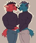 absurd_res anthro blue_body blue_fur bottomwear brown_hair canid clothing crotch_grab denim denim_bottomwear denim_clothing eyes_closed flustered frown fur gentlemandemon grope hair hi_res intimate jeans male male/male mammal pants red_body red_fur scowl side_hug simple_background slight_smile smile smirk smug standing sweater tail topwear tsundere