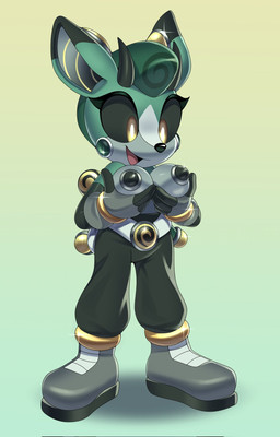anklet anthro big_breasts black_horn black_nose black_sclera bottomwear bracelet breasts clothed clothing dipstick_ears ear_markings eyelashes female fingerless_gloves footwear front_view gloves gradient_background green_background green_body green_bottomwear green_clothing green_pants grey_body grey_clothing grey_footwear grey_gloves grey_handwear grey_shoes handwear head_tuft holding_both_breasts holding_breast horn jewelry machine metallic_body multicolored_ears open_mouth open_smile pants shoes simple_background smile solo thick_thighs topless tuft wide_hips yellow_background yellow_eyes squish_(artist) archie_comics sega sonic_the_hedgehog_(archie) sonic_the_hedgehog_(comics) sonic_the_hedgehog_(series) cassia_the_pronghorn mammal pronghorn robot hi_res