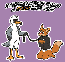 anthro collar duo leash leash_pull leashed_collar male rumor_the_seagull text rumortheseagull avian bird canid canine fox gull lari larid mammal digital_media_(artwork) english_text