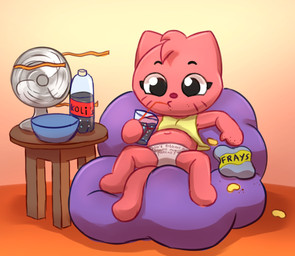 anthro beverage beverage_bottle bottle chips_(food) clothing container cup drinking_glass electric_fan female food fur glass glass_container glass_cup panties pink_body pink_fur shirt sitting slightly_chubby soda soda_bottle solo spread_legs spreading tank_top topwear underwear young young_anthro young_female polygon5 playkids kate_(playkids) domestic_cat felid feline felis mammal