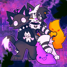 2_tails alternative_fashion ambiguous_gender anthro black_body black_fur blush collar dipstick_tail dizzy_eyes duo fluffy fluffy_tail fur markings multi_tail multicolored_body orange_body orange_fur purple_body purple_fur rave scene_(fashion) sparklefur spiked_collar spikes striped_body stripes tail tail_markings two_tone_body white_eyes white_tail_tip coffeekatflooff jey_(coffeekatflooff) tag_(coffeekatflooff) canid canine canis domestic_cat felid feline felis mammal wolf 1:1