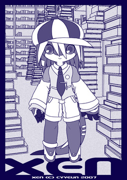anthro book book_stack bottomwear closed_smile clothing detailed_background footwear hat headgear headwear inside library looking_at_viewer machine male mouth_closed necktie pattern_clothing pattern_hat pattern_headgear pattern_headwear shirt shoes shorts smile solo standing striped_clothing striped_hat striped_headgear striped_headwear stripes tail text title topwear young young_anthro young_male cyyeun xen_(series) switch_(xen) robot robot_anthro 2007 artist_name blue_and_white blue_monochrome comic dated digital_drawing_(artwork) digital_media_(artwork) monochrome