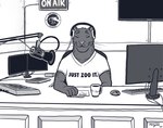 5_fingers anthro clothed clothing coffee_mug computer computer_keyboard computer_monitor computer_mouse desk electronics eyes_closed fingers furniture headphones keyboard male microphone mixing_console print_clothing print_shirt print_t-shirt print_topwear radio_station shirt sitting smile solo t-shirt table text text_on_t-shirt topwear working tenynn nike felid feline mammal 2020 digital_media_(artwork) english_text