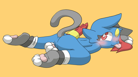 accessory anal anal_penetration black_tail blue_body blue_ears blue_fur blush blush_lines buttplug buttplug_in_ass buttplug_insertion buttplug_tail cat_outfit clothed clothing eyes_closed fake_paws fake_tail fangs feathers female feral footwear forehead_gem fur furgonomics gem genitals gloves grey_ears handwear headband lying object_in_ass on_front orange_background partially_clothed paw_gloves pawpads paws penetration pink_pawpads plug_(sex_toy) plug_insertion sex_toy sex_toy_in_ass sex_toy_insertion simple_background smile socks solo tail tail_accessory tail_feathers tailband teeth tongue tongue_out vulva white_clothing white_footwear white_socks lucky_luxio nintendo pokemon cara_(lucky_luxio) felid feline generation_2_pokemon mammal pokemon_(species) sneasel colored digital_drawing_(artwork) digital_media_(artwork) hi_res shaded