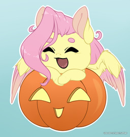 big_ears chibi embarrassed eyes_closed feathers female feral food fruit hair jack-o'-lantern long_hair magic plant pumpkin smile solo wings volodyanocturne friendship_is_magic hasbro my_little_pony fluttershy_(mlp) equid equine horse mammal pony hi_res