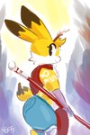 2:3 ambiguous_gender anthro antlers atlyss cheek_tuft clothing dipstick_ears ear_markings facial_tuft fur fur_markings head_tuft horn kiseff lagomorph leporid looking_at_viewer mammal markings multicolored_ears poon_(atlyss) rabbit scarf side_view solo source_request tagme tuft weapon yellow_body yellow_fur