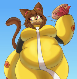 anthro belly big_breasts breasts eyelashes eyewear eyewear_on_head female food goggles goggles_on_head hot_dog low-angle_view nervous obese overweight overweight_anthro overweight_female solo tail weight_gain whiskers limunada gameoverse glitch_productions kit_bodega domestic_cat felid feline felis mammal absurd_res hi_res