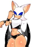 anthro black_clothing black_panties black_underwear blush bodily_fluids bun_huggers clothing ear_piercing female front_view hair panties piercing solo sports_panties sweat thick_thighs underwear white_clothing white_hair usa37107692 sega sonic_the_hedgehog_(series) rouge_the_bat bat mammal hi_res