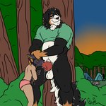 adult_on_young age_difference animal_genitalia animal_penis anthro balls big_dom_small_sub big_penis black_body black_fur blush bodily_fluids camping canine_genitalia canine_penis clothing deep_throat dominant duo for_a_head forest forest_background fur genital_fluids genitals green_clothing green_shirt green_topwear knot male male/male nature nature_background oral oral_penetration outside_sex penetration penis plant precum sex shirt size_difference topwear tree young young_anthro hunterramirez dodge_(justafoxboi) octavian_(7intandadream) animal_head animal_humanoid anubian_jackal canid canine canis domestic_dog humanoid jackal mammal 1:1