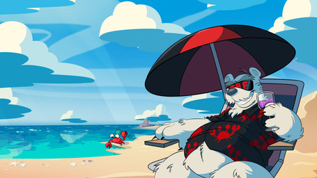 ambiguous_gender anthro beach beach_umbrella black_clothing black_shirt black_topwear blue_sky clothing cloud crab_print day duo eyewear feral fur holding_glass holding_object male outside parasol print_clothing print_shirt print_topwear red_body red_skin shirt short_sleeved_shirt sitting sky sunglasses topwear water white_body white_fur misplacedpaws_(artist) club_penguin herbert_p._bear klutzy_the_crab arthropod bear crab crustacean decapod malacostracan mammal polar_bear ursine 16:9 4k absurd_res hi_res widescreen