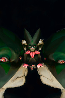 anthro claws dark_mask eyelashes fur green_mask group hair looking_at_viewer pawpads paws pink_eyes pink_nose pink_pawpads red_eyes trio two_tone_mask white_body white_fur white_hair halfbaked-hope nintendo pokemon generation_9_pokemon meowscarada pokemon_(species) 2025 2:3 absurd_res hi_res signature