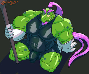 anthro arm_support armor armpit_hair black_bodysuit black_clothing black_skinsuit body_hair bodysuit bulge clothing elderly eyebrows facial_hair gauntlets gloves goatee green_body hair handwear holding_object kneeling looking_at_viewer male muscular muscular_anthro muscular_arms muscular_male muscular_thigh one_eye_closed ponytail purple_eyebrows purple_facial_hair purple_hair simple_background skinsuit solo tight_clothing okrizo831 deltarune undertale_(series) gerson_boom_(deltarune) reptile scalie turtle 2025 english_description hi_res
