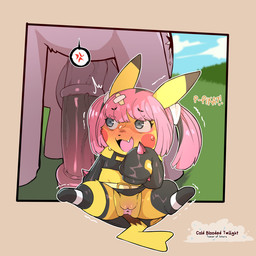 :3 animal_genitalia animal_penis anus balls big_balls big_penis black_clothing blush blush_lines blush_stickers bodily_fluids clothing cross-popping_vein duo equine_genitalia equine_penis female feral flaccid flared_penis genitals grey_eyes gynomorph hair huge_penis intersex medial_ring open_mouth open_smile penis pigtails pink_anus pink_hair purple_body purple_penis purple_skin sitting size_difference smile sweat sweaty_face tail tremble_lines tremble_spikes vulva yellow_body yellow_skin cold-blooded-twilight friendship_is_magic hasbro my_little_pony nintendo pokemon twilight_sparkle_(mlp) earth_pony equid equine generation_1_pokemon horse mammal pikachu pokemon_(species) pony 2025 hi_res signature