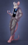 anthro barefoot black_clothing black_shirt black_topwear bottomwear cheek_tuft clothing facial_tuft feet fluffy fur grey_body grey_clothing grey_fur hand_in_pocket hoodie kerchief male neckerchief neckwear oversized_clothing pants pink_feet pink_hands pink_nose pockets print_clothing print_shirt print_t-shirt print_topwear shirt solo sweatpants t-shirt tail tamagotchi_(toy) topwear tuft yumiix phantasy_star phantasy_star_online sega tamagotchi arwin_(golddrake) mammal murid murine rat rodent hi_res