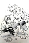 5_fingers 5_toes anthro barefoot book bottomwear carrying_another clothing confusion crouching feet female fingers fur group humanoid_hands male pants question_mark reading shirt sitting tank_top toes topwear trio wool_(fur) young young_anthro joze_osaka beastars kyuu_(beastars) san_(beastars) alpaca bear camelid domestic_rabbit giant_panda lagomorph leporid lop_rabbit mammal oryctolagus rabbit 2023 hi_res