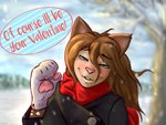 anthro blush clothing coat cold female gloves hair handwear holidays long_hair mittens open_mouth scarf smile solo topwear androidz valentine's_day celest_(androidz) domestic_cat felid feline felis mammal 4:3 bust_portrait hi_res portrait