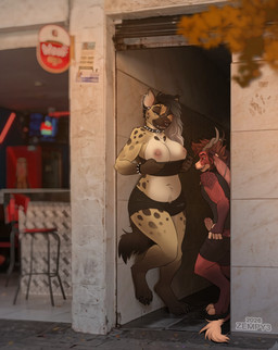 anthro areola biped breasts claws clothed clothed_anthro clothed_female clothed_male clothing countershade_torso countershading duo erection feet female fingers front_view fur genitals hair male navel nipples penis piercing smile spots standing tail teeth toes tongue zempy3 a_chance_encounter deer hyena mammal 2026 digital_drawing_(artwork) digital_media_(artwork) hi_res meme