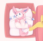 absurd_res baby blue_eyes container eeveelution female feral fur generation_6_pokemon hi_res looking_at_viewer lying nintendo pink_body pink_fur pokemon pokemon_(species) ribbons solo spread_legs spreading sylveon white_body white_fur young young_feral zwishi