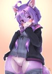 anthro black_clothing black_hoodie black_topwear bodily_fluids bottomless breasts clothed clothing featureless_crotch female fur hair hoodie kemono long_hair purple_body purple_eyes purple_fur purple_hair simple_background solo sweat topwear shiitakemeshi vocaloid yuzuki_yukari canid canine canis domestic_dog mammal hi_res