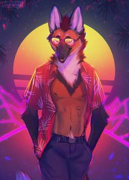 aloha_shirt anthro biped brown_hair clothed clothing eyewear front_view fur glasses hair hands_in_both_pockets male midriff navel nipples open_clothing open_shirt open_topwear orange_body orange_fur pattern_clothing pattern_shirt pattern_topwear shirt smile solo standing sunglasses synthwave tail topwear wearing_sunglasses lostgoose canid canine mammal maned_wolf 2022 digital_media_(artwork) hi_res portrait signature three-quarter_portrait