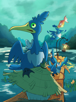 ambiguous_gender beak boat clothing feet feral fin group hat headgear headwear lamp lantern membrane_(anatomy) straw_hat tail tail_fin toes vehicle watercraft webbed_feet taplaos nintendo pokemon avian bird cramorant fish generation_1_pokemon generation_8_pokemon magikarp marine pokemon_(species) hi_res