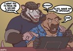 anthro blue_clothing clothing drawing_tablet duo eyewear glasses hat headgear headwear male overweight overweight_male smile speech_bubble stubble text nanoff nanoff_(character) american_opossum capybara caviid mammal marsupial rodent 2024 english_text hi_res