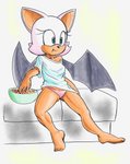 5_fingers 5_toes anthro black_nose clothed clothing eating eyelashes feet female fingers food green_eyes nachos shirt sitting solo toes topwear underwear wings fourssss sega sonic_the_hedgehog_(series) rouge_the_bat bat mammal hi_res