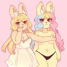 4_fingers anthro areola arm_tuft arms_bent bangs black_clothing black_thong black_underwear blonde_eyebrows blonde_hair blue_eyes blue_hair blue_pupils blush blush_lines breasts cleavage clothed clothed_anthro clothed_female clothing covering covering_breasts duo eye_through_hair eyebrow_through_hair eyebrows eyelashes eyelashes_through_hair female female_anthro fingers fluffy_ears fur green_eyes hair hand_on_hip hand_on_own_face hand_on_own_hip inner_ear_fluff light long_ears looking_at_viewer medium_breasts mouth_closed multicolored_hair navel open_mouth pink_areola pink_background pink_hair pink_inner_ear_fluff pink_mouth pink_nose pupils shoulder_tuft simple_background standing tan_body tan_dress tan_fur text thick_thighs thong topless topless_anthro topless_female translucent translucent_hair tuft underwear wavy_hair white_inner_ear_fluff yellow_body yellow_fur suzeart bunny_(suzeart) coco_(suzeart) lagomorph leporid mammal rabbit 1:1 2024 artist_name colored digital_drawing_(artwork) digital_media_(artwork) english_description lighting shaded