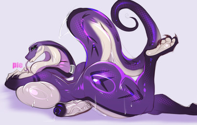 anthro big_breasts big_butt big_penis bodily_fluids breasts butt cum ear_piercing erection feet female genital_fluids genitals gynomorph huge_breasts huge_butt huge_penis humanoid_genitalia humanoid_penis intersex looking_at_viewer nipples non-mammal_breasts nude penis piercing purple_body scales serpentine simple_background smile snake_hood solo tail thick_thighs tongue wet wet_body white_body pie1710 sherrona cobra reptile scalie snake digital_media_(artwork)