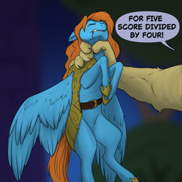ambiguous_gender armor blood blue_body blue_fur blue_legs blue_wings blurred_background bodily_fluids damaged_armor disembodied_hand ears_down eyes_closed feathered_wings feathers feral fur grimace hand_on_neck held_by_throat mane muscular muscular_arms orange_mane orange_tail pained_expression pivoted_ears retractable_claws solo_focus speech_bubble tail teeth text wings wounded foxenawolf hasbro my_little_pony mythology cardinal_shield_(swordfox) james_carter_(swordfox) equid equine horse mammal mythological_creature mythological_equine pegasus pony 1:1 2026 absurd_res colored english_text hi_res shaded