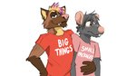 anthro biped brown_body brown_fur clothed clothing duo ear_piercing fur grey_body grey_fur grey_hair hair mohawk piercing pink_clothing pink_hair red_clothing shirt simple_background standing text text_on_clothing topwear white_background rosphix ato gulonine mammal marten mouse murid murine mustelid musteline rodent 16:9 2021 digital_media_(artwork) english_text hi_res widescreen