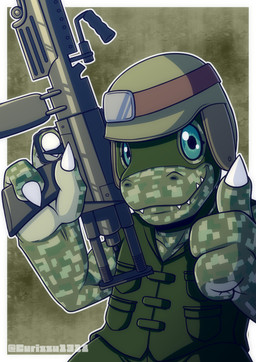 anthro armor clothing digital_camo gesture green_eyes gun hand_gesture headgear helmet male military ranged_weapon rifle smile soldier solo thumbs_up topwear vest warrior weapon curizzu_1311 bandai_namco digimon commandramon digimon_(species) scalie absurd_res hi_res