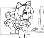 anthro being_watched big_eyes bra breasts clothed clothing door duo female fully_clothed hair holding_breast inside looking_at_another looking_at_mirror looking_at_object looking_at_self mirror one_eye_closed panties short_hair skimpy solo_focus standing tail tissue underwear wink shep samurai_pizza_cats francine_manx polly_esther domestic_cat felid feline felis mammal black_and_white monochrome