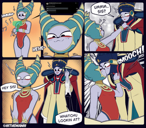 abstract_background anthro breasts clothed clothing dialogue duo female hat headgear headwear jewelry kissing male purple_body small_breasts text twitter_handle the_man nine_sols red_candle_games fuxi_(nine_sols) nuwa_(nine_sols) felid feline mammal solarian absurd_res comic english_text hi_res brother_(lore) brother_and_sister_(lore) incest_(lore) sibling_(lore) sister_(lore)